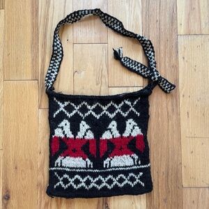 Vintage Hand-Knit Folk Shoulder Bag Black Red White w/zipper